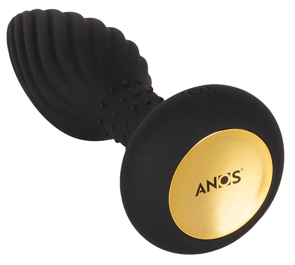 Schwarzer Anus-Plug mit goldfarbenem Kreis und ANOS-Logo. Der Plug hat eine geriffelte Spitze.