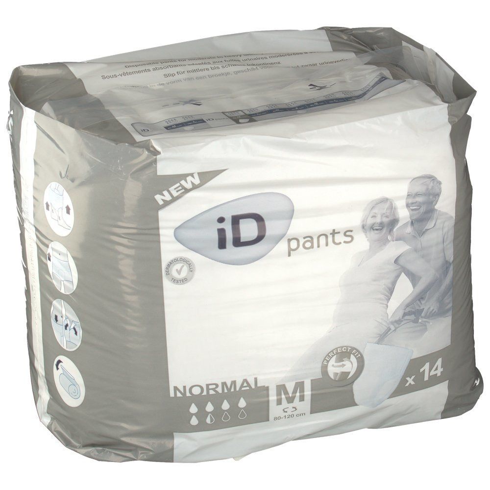 iD Pants Normal Gr. M Verpackung. Graue Verpackung mit Produktname, Größe M, Tropfensymbolen und Abbildung von Senioren. Enthält 14 Stück.