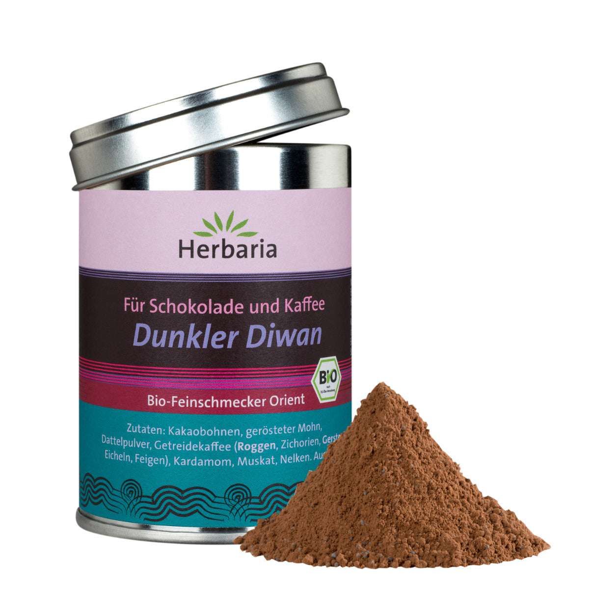 Dose mit Deckel, daneben ein Haufen braunes Pulver. Auf der Dose steht "Herbaria", "Dunkler Diwan" und "Bio".