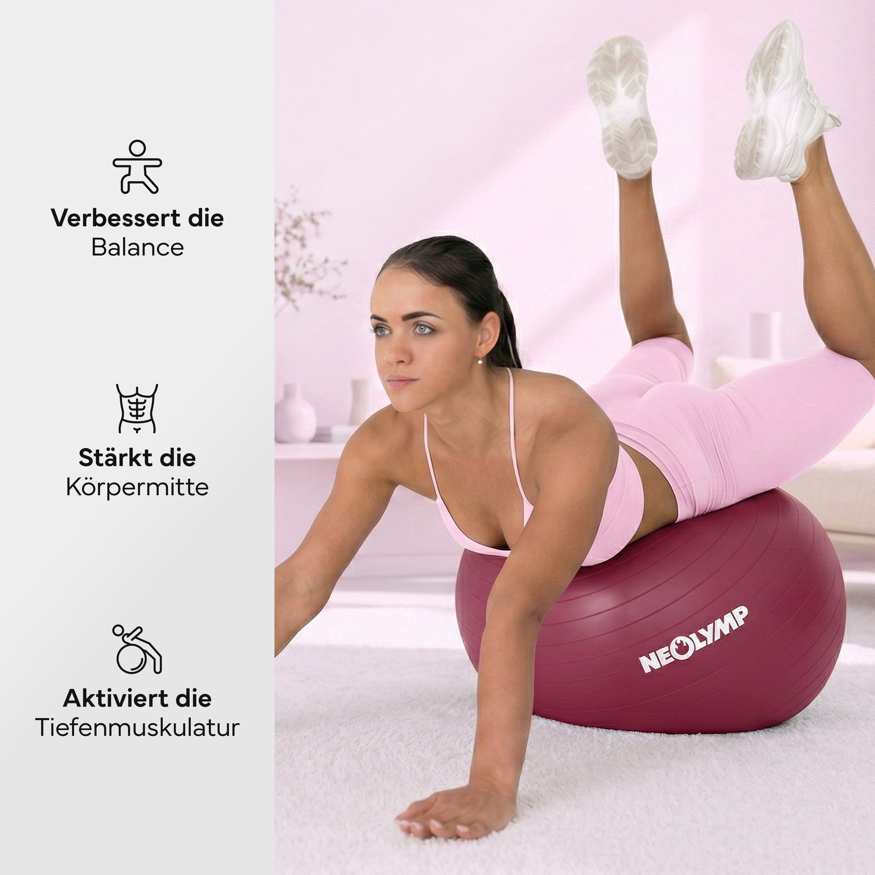 Frau trainiert Balance auf rotem Gymnastikball.