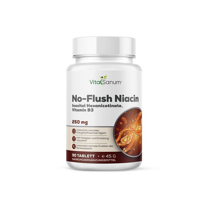 Weiße Flasche mit VitaSanum No-Flush Niacin. Enthält 90 Tabletten. Aufschrift: 250 mg. Braunes Etikett mit Produktinformationen.