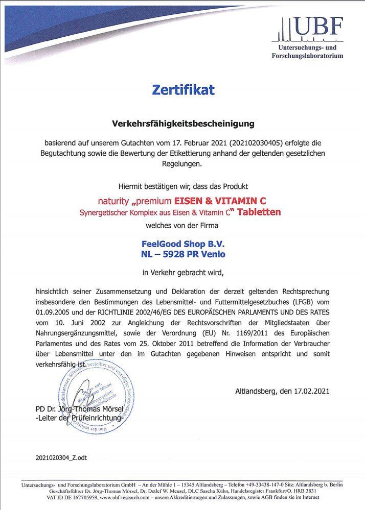Zertifikat für "naturity premium EISEN & VITAMIN C" Tabletten. Text in Deutsch. Siegel des UBF-Forschungslabors.