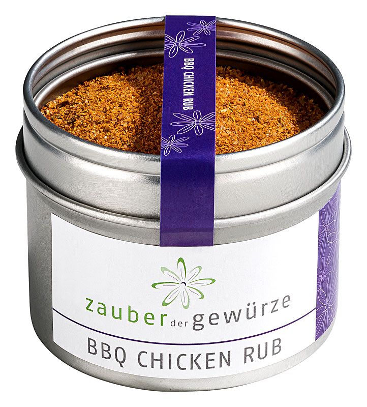 Metallbehälter mit BBQ Chicken Rub. Etikett mit Produktname und Logo. Lila Band mit Produktbezeichnung.
