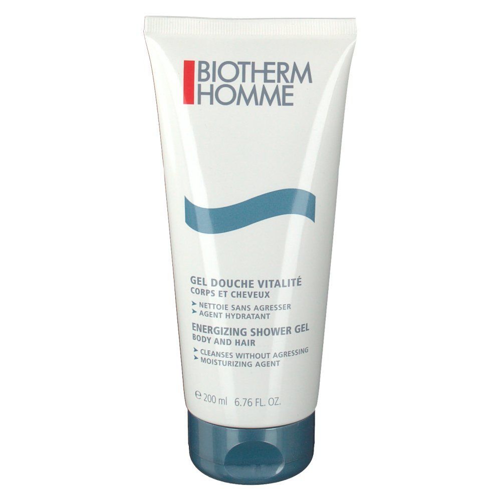 Weiß-blaue Tube mit Produktbezeichnung und Markenlogo. Text: Gel Douche Vitalité, Energizing Shower Gel.
