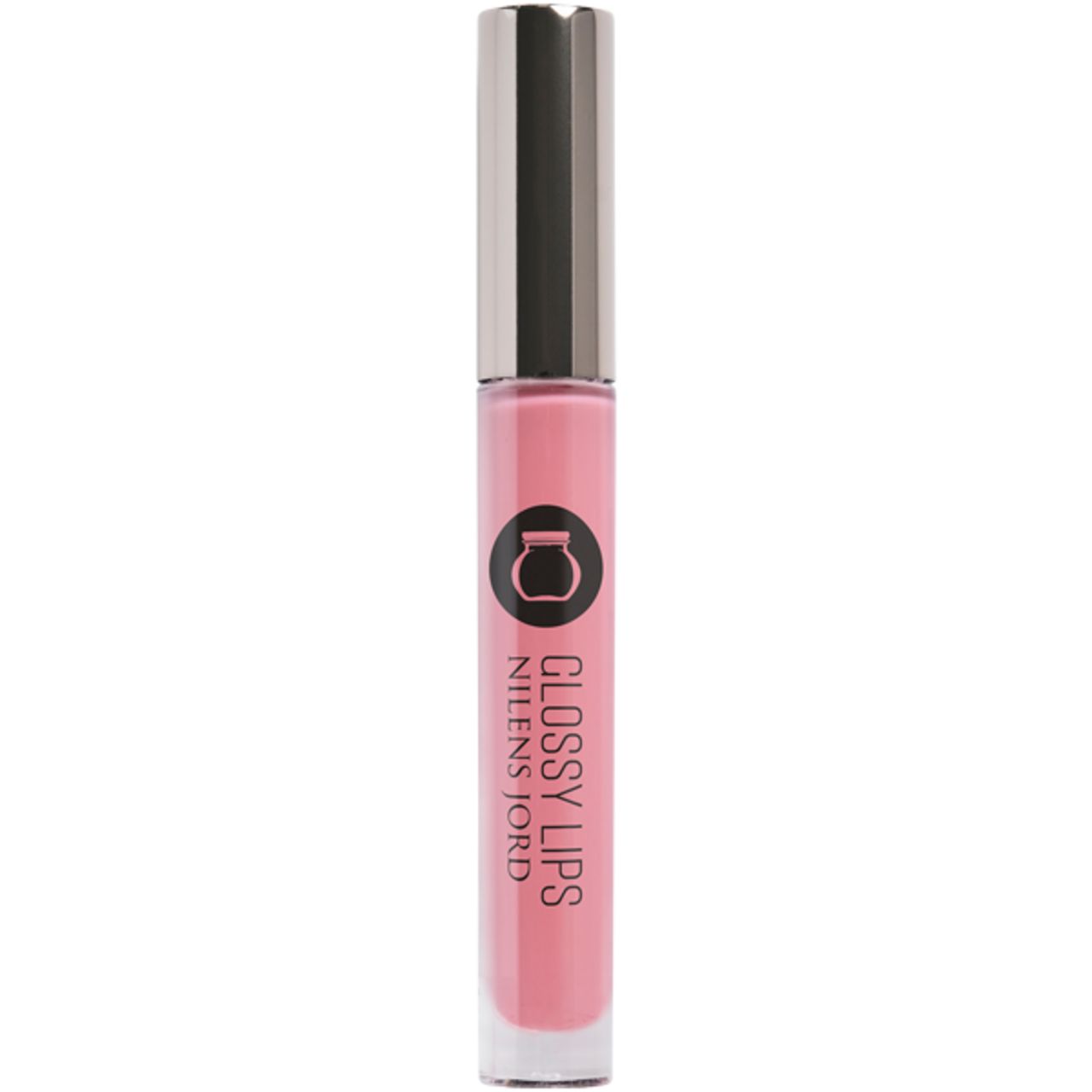 Rosa Lipgloss-Tube mit silbernem Deckel. Aufschrift: Glossy Lips, Nilens Jord. Schwarzes Logo.