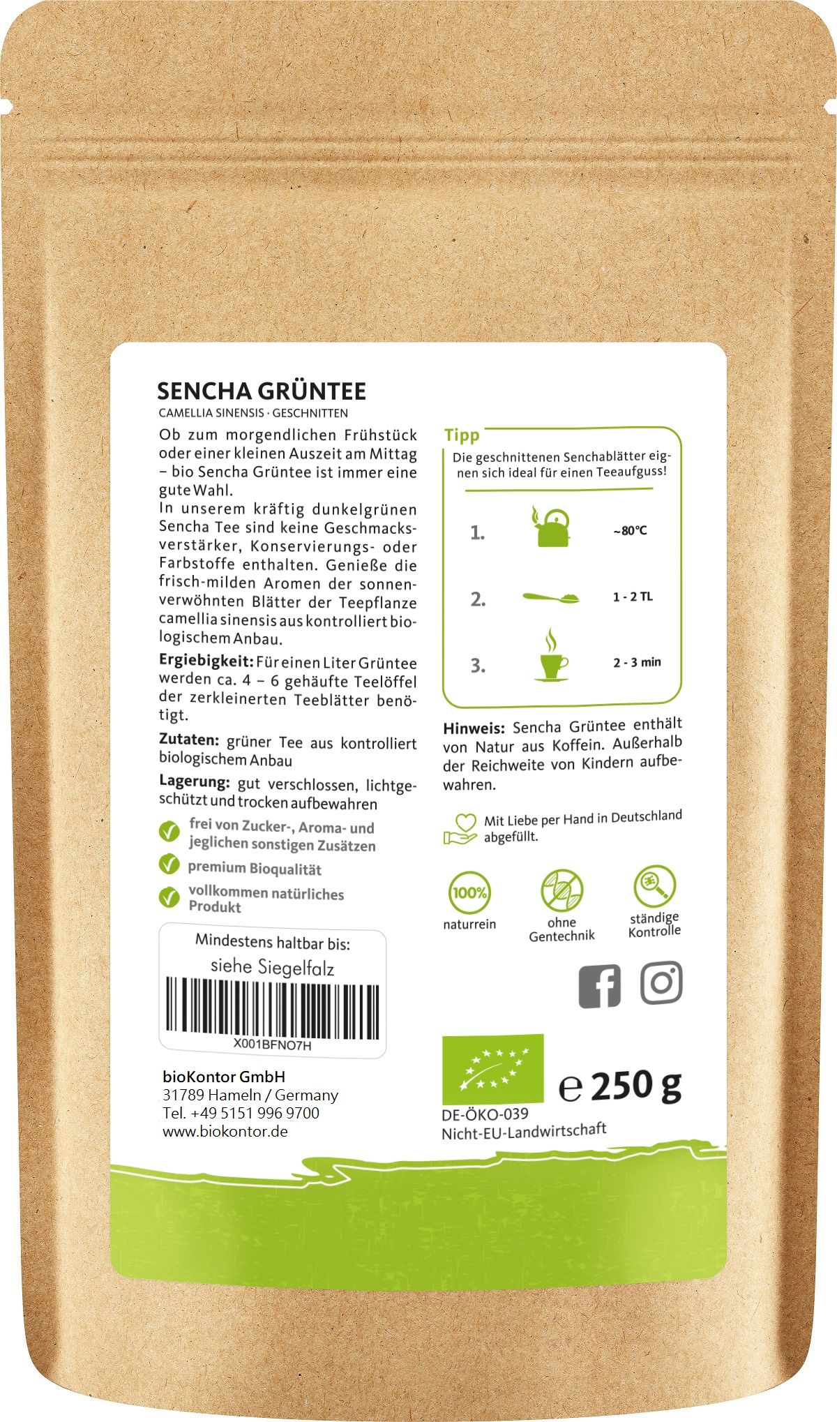 Rückseite der Sencha Grüntee Verpackung. Text: "Sencha Grüntee", Inhaltsstoffe, Zubereitungshinweise, Bio-Siegel, "bioKontor".
