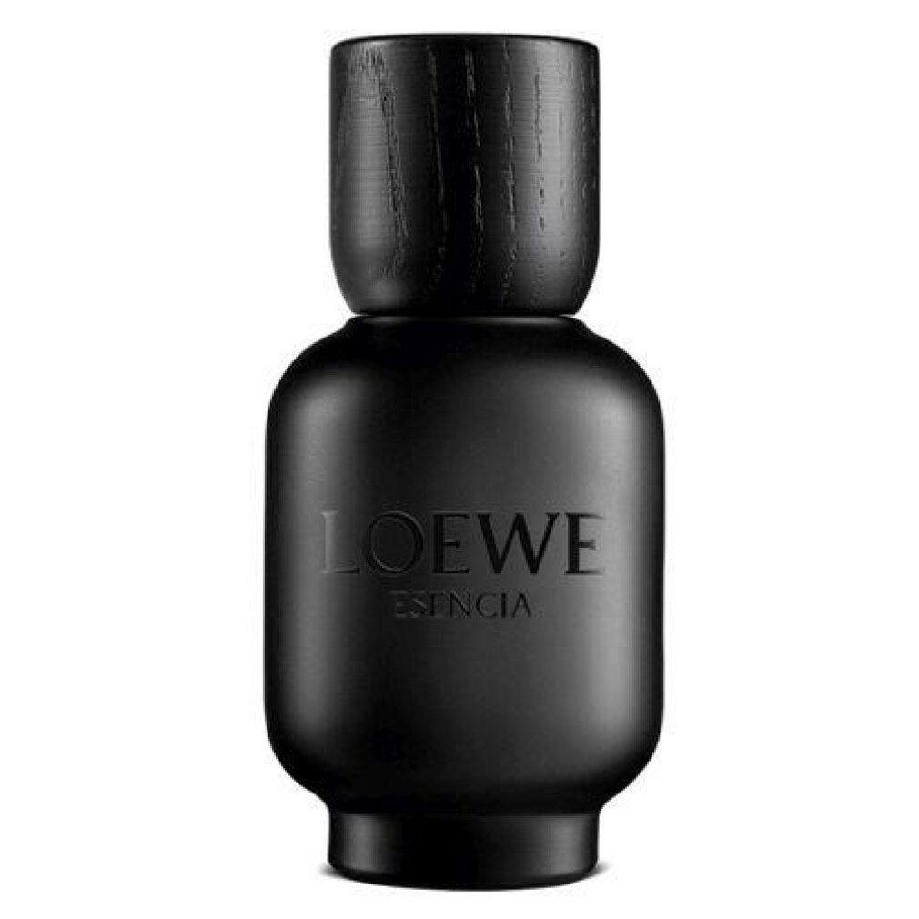 Schwarzer Parfümflakon mit schwarzem Deckel. Auf dem Flakon steht LOEWE ESENCIA.