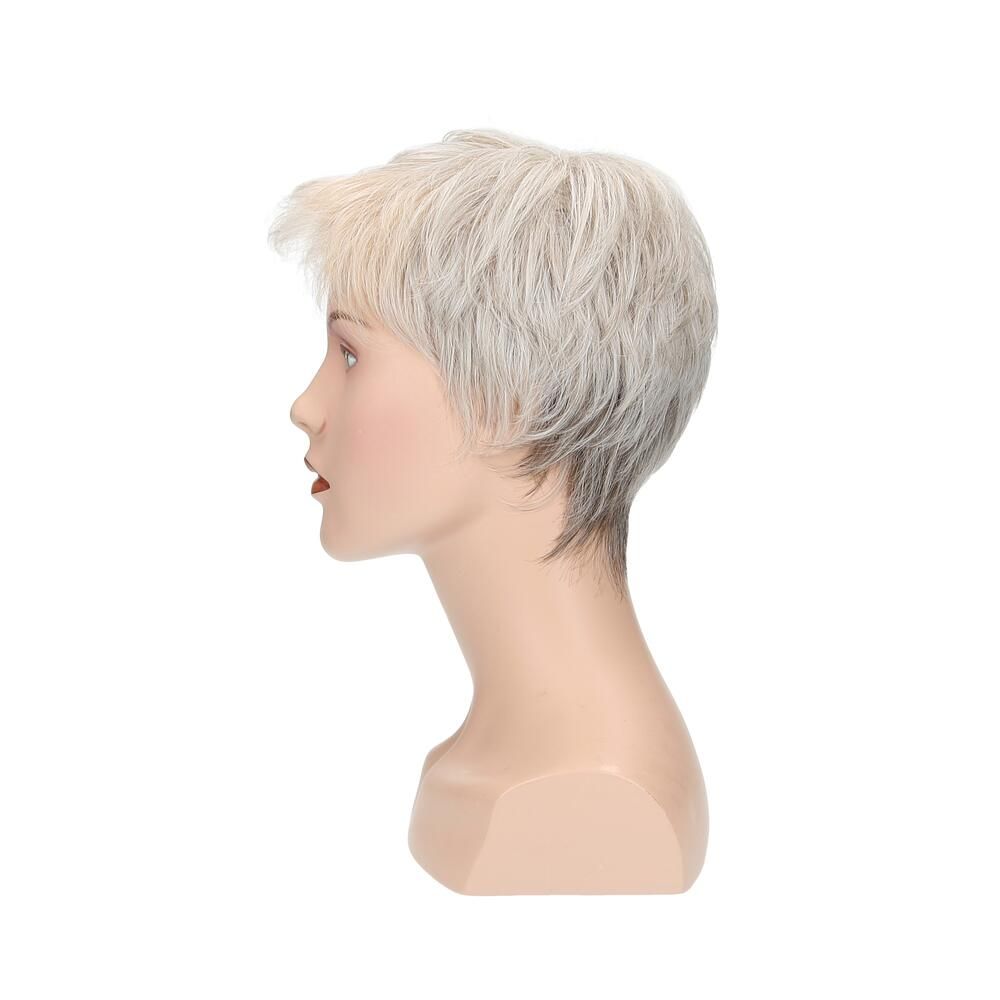 Perücke Margerite von Lofty auf einem Schaufensterkopf. Kurze, graue Haare. Profilansicht.