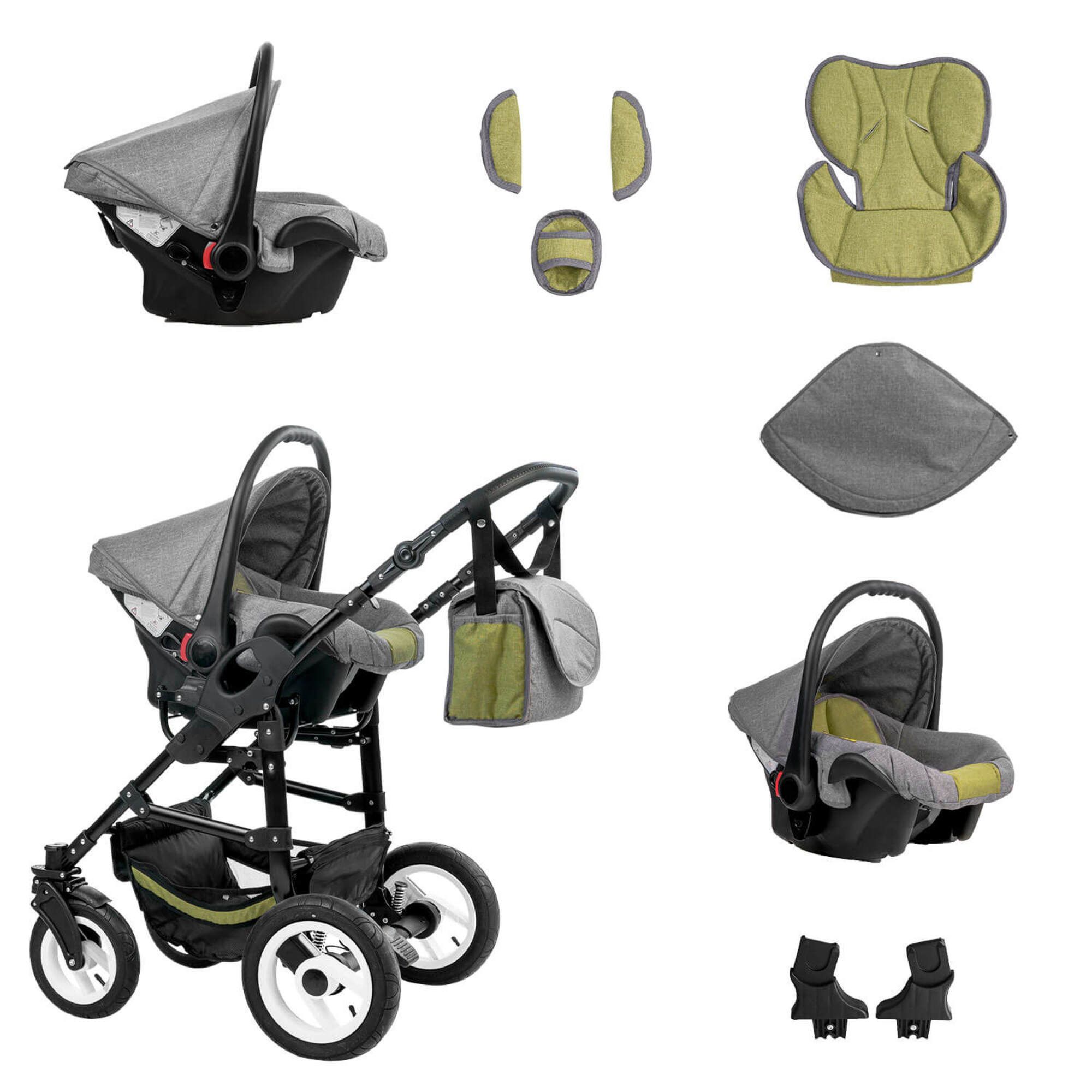 Bebebi Florenz 4 in 1 Kinderwagen Komplettset ISOFIX Basis Hartgummireifen, Medici Green Black