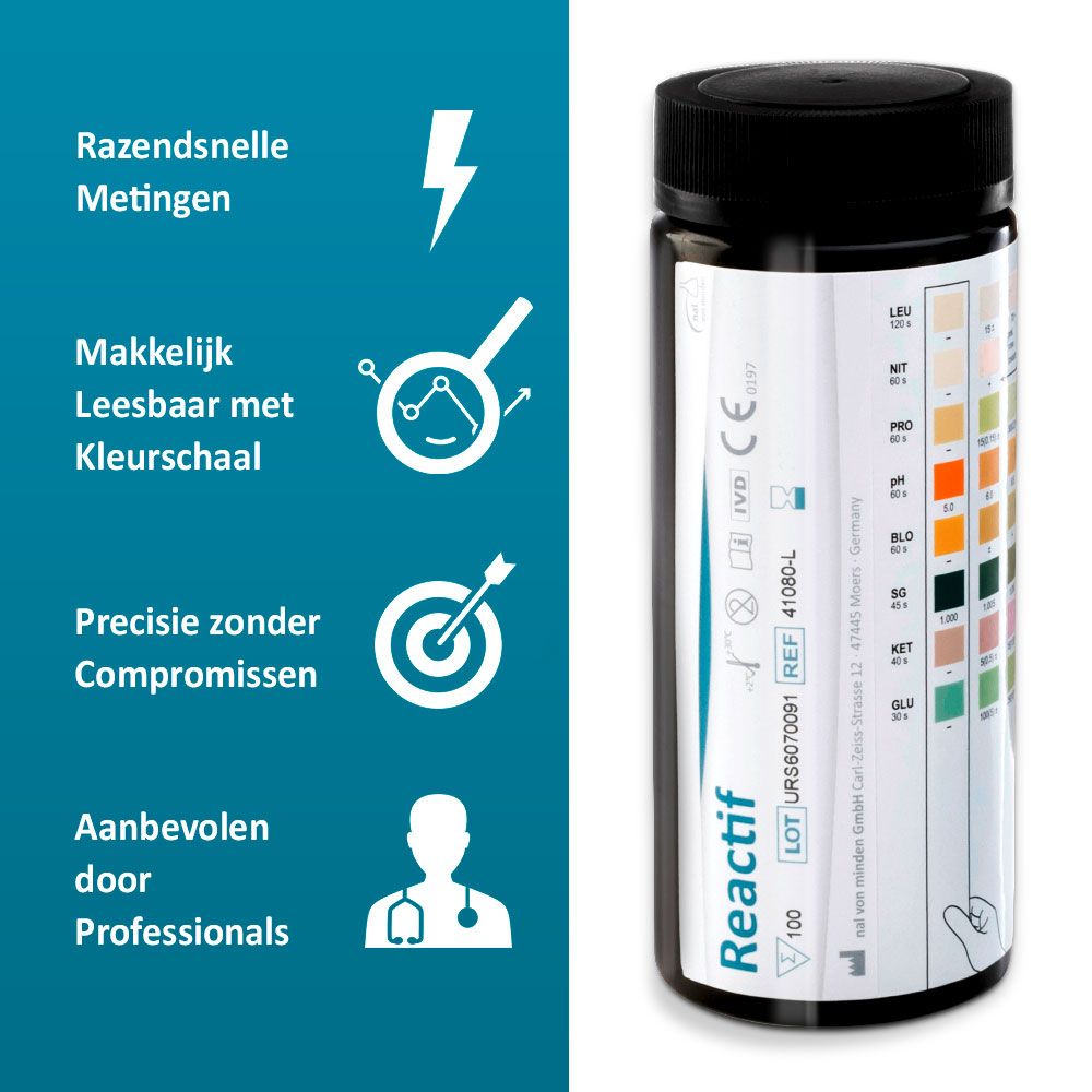 Productfles met teststrips. Opschrift: Reactif. Symbolen voor snelle metingen, kleurenschaal, precisie.
