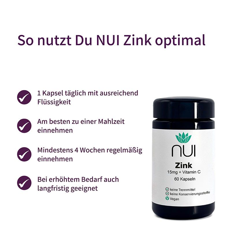 Dunkelblaue Flasche mit weißem Etikett. Aufschrift: NUI, Zink, 15mg + Vitamin C, 60 Kapseln. Text: 1 Kapsel täglich, zu Mahlzeit, 4 Wochen.
