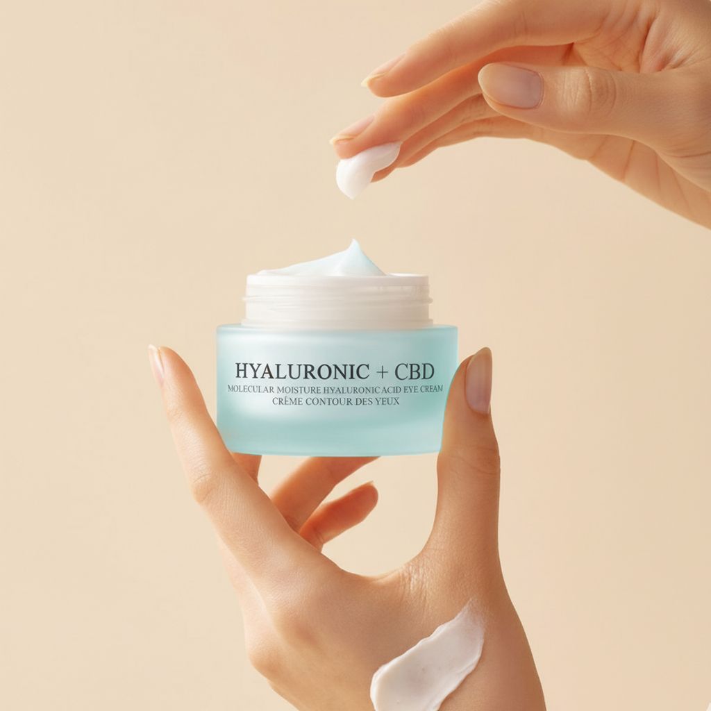 Hände halten einen geöffneten Cremebehälter. Ein Finger entnimmt Creme. Aufschrift: HYALURONIC + CBD, Molecular Moisture Hyaluronic Acid Eye Cream.