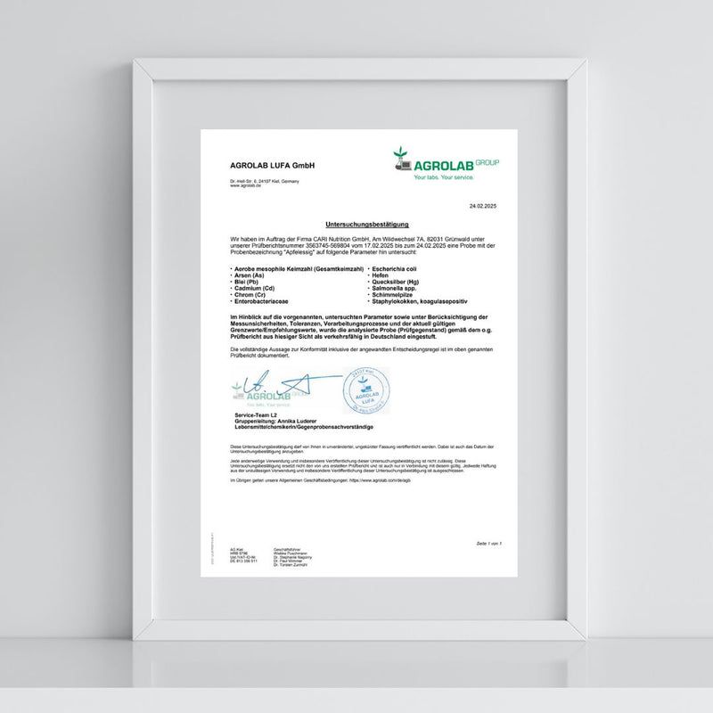 Laborbericht von AGROLAB GROUP für CARI Nutrition.