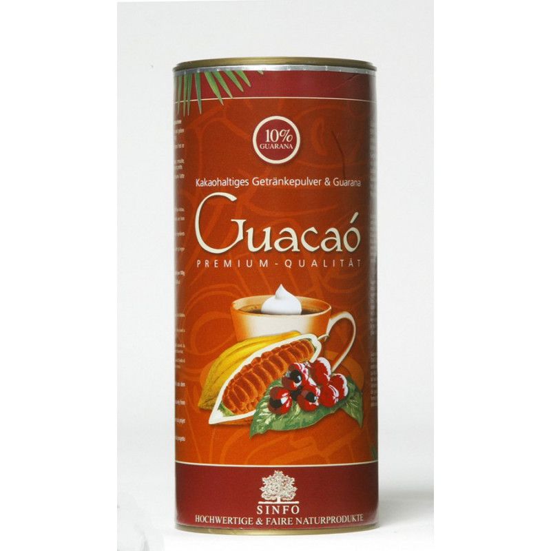 Zylindrische Dose mit Aufschrift "Guacaó". Enthält Kakaohaltiges Getränkepulver & Guarana. Logo: Sinfo. Mit 10% Guarana.