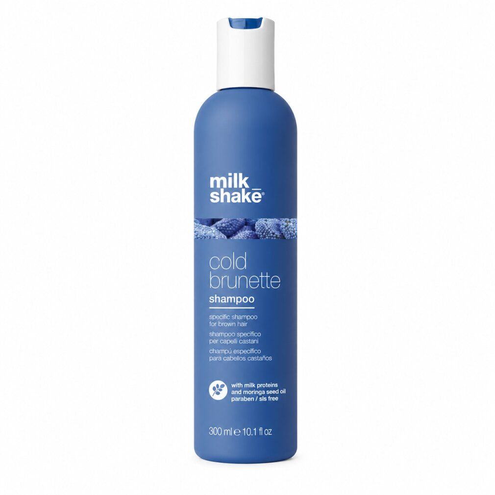 Milk Shake Cold Brunette Shampoo, 300ml. Dunkelblau Flasche mit weißem Klappdeckel, Text auf Deutsch.