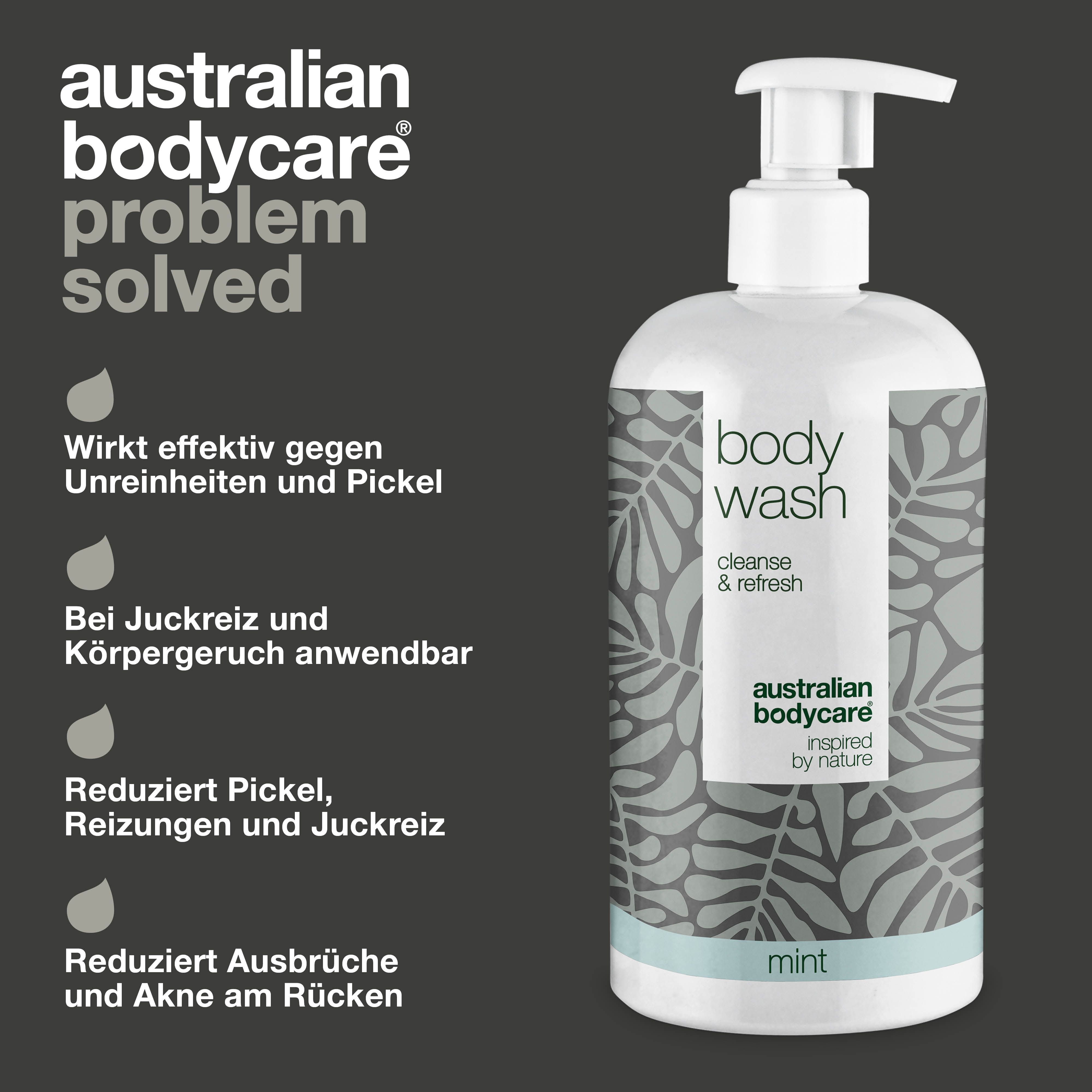 Body Wash Flasche mit Pumpverschluss. Aufschrift: Body Wash, cleanse & refresh, Australian Bodycare, mint. Text mit Vorteilen.