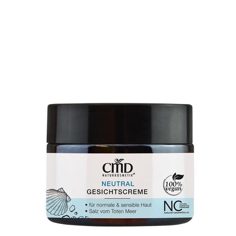 Creme-Tiegel mit schwarzem Deckel. Aufschrift: CMD Naturkosmetik Neutral Gesichtscreme. Vegan-Siegel. Für normale und sensible Haut.
