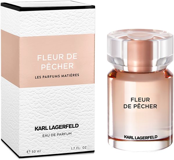 Fleur de Pêcher Eau de Parfum Flakon und Verpackung. Weiß-rosa Design mit Schriftzug. Karl Lagerfeld Logo.