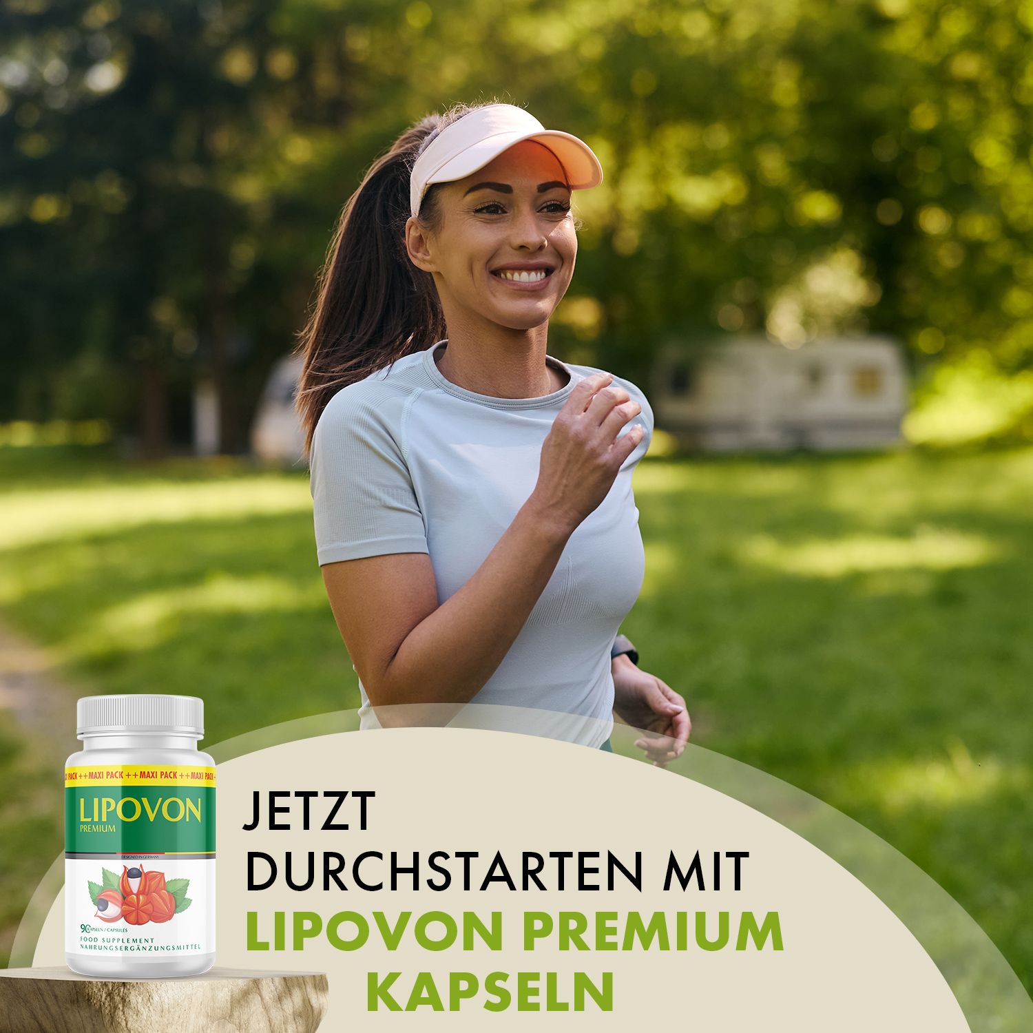 Läuferin im Park. Flasche mit grün-weißem Etikett: LIPOVON PREMIUM Kapseln. Aufschrift: 90 Kapseln. Text: Jetzt durchstarten.
