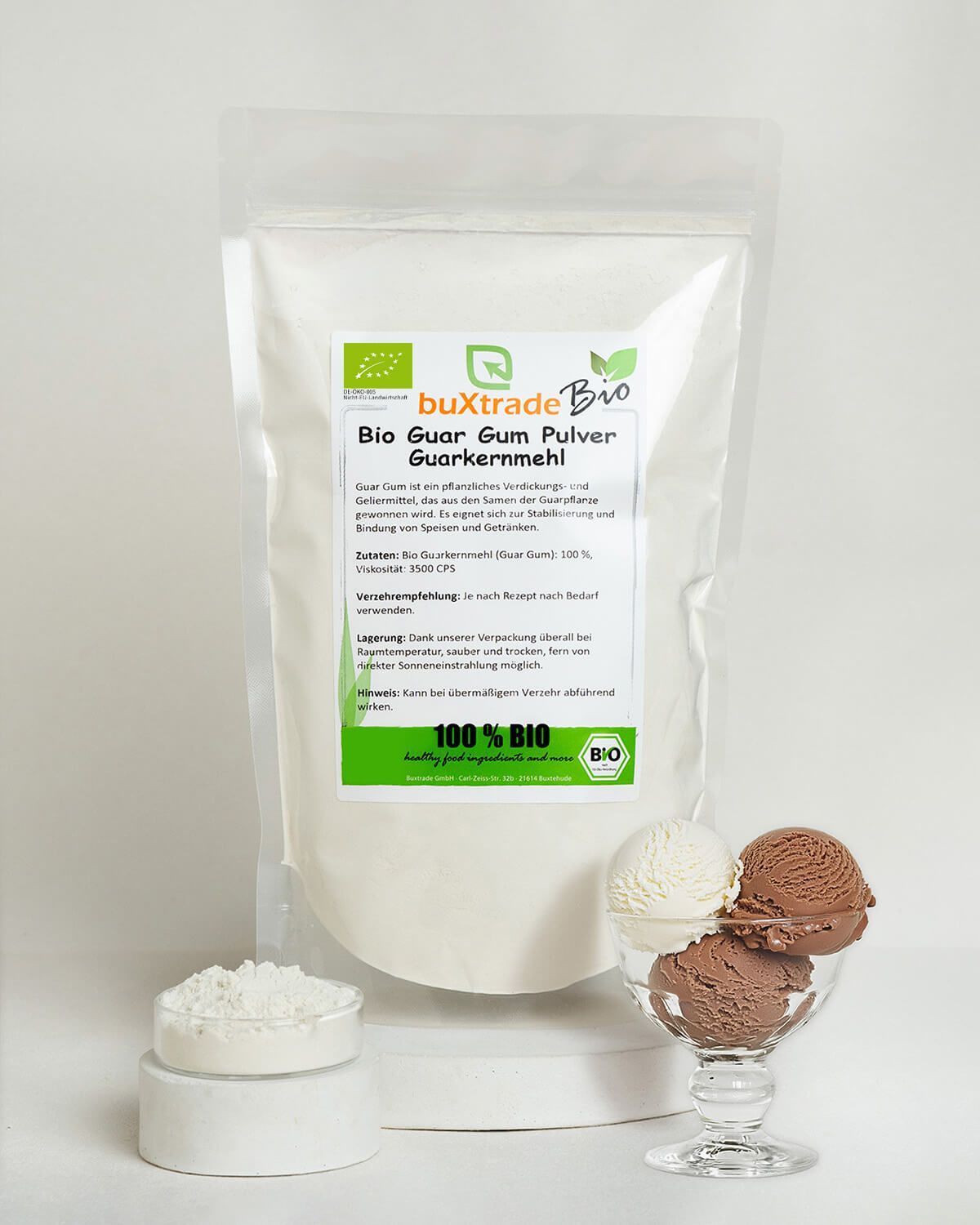 Bio Guarkernmehl Pulver Verpackung mit Eiscreme und Pulver.