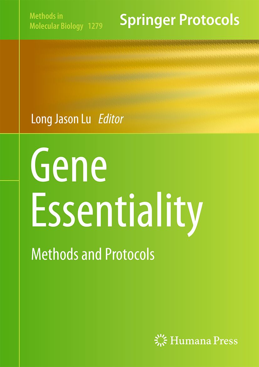 Buchcover mit dem Titel "Gene Essentiality". Autor: Long Jason Lu. Verlag: Springer Protocols, Humana Press. Grüner Hintergrund.