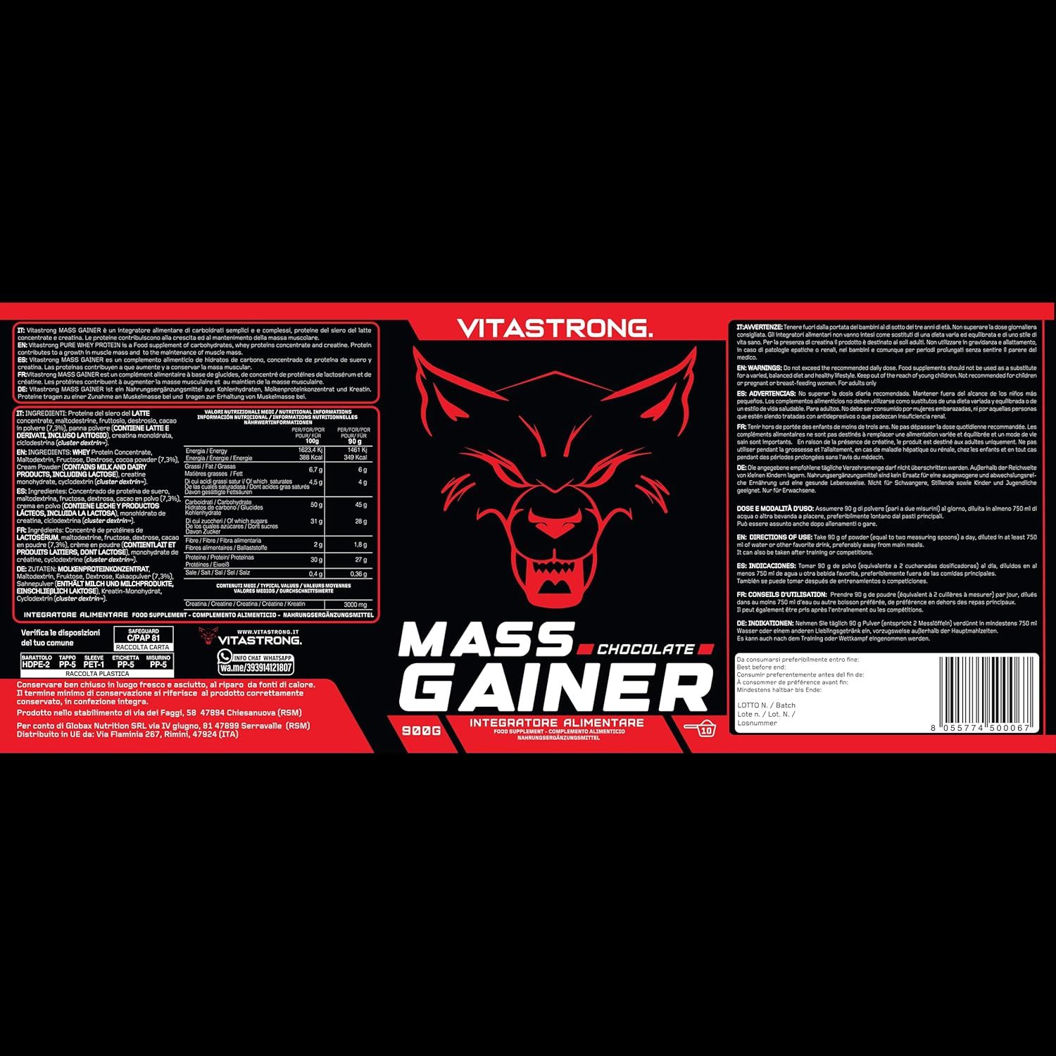 Vitastrong Mass Gainer-Etikett. Schwarzer Hintergrund, rotes Design. Enthält Informationen zu Inhaltsstoffen und Nährwerten.