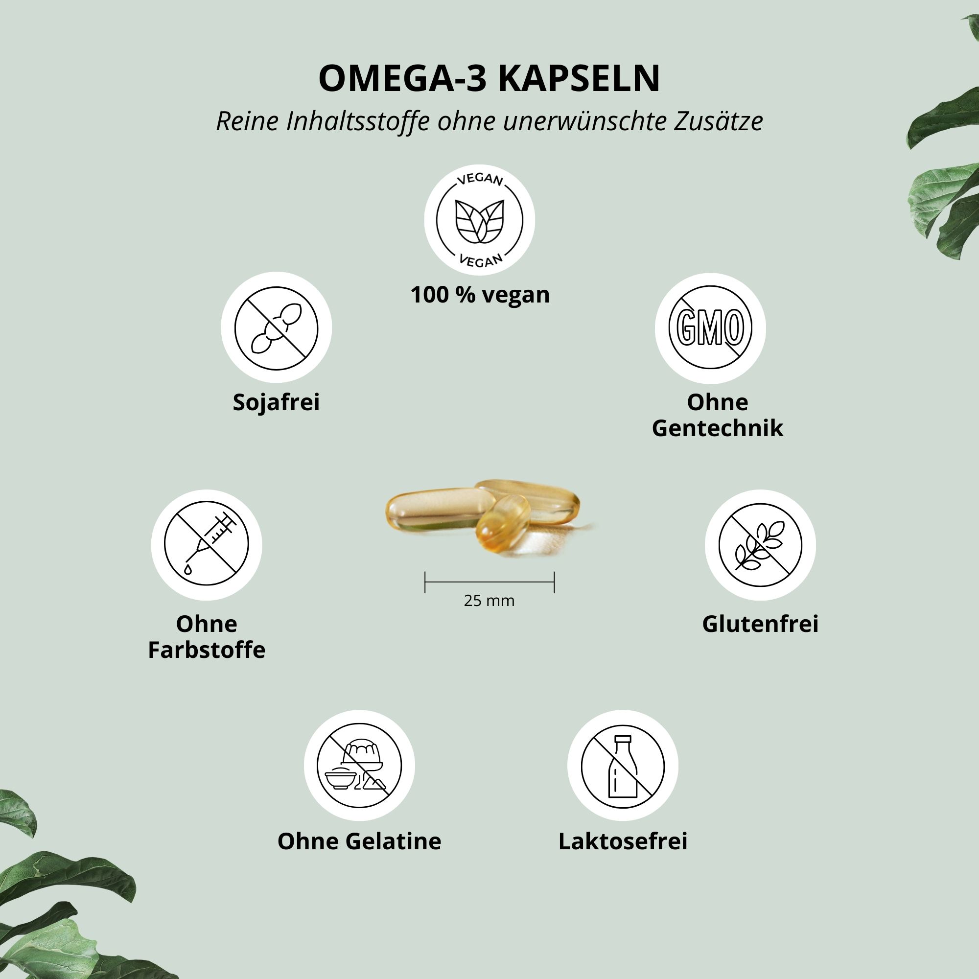 Zwei gelbe Kapseln, 25 mm lang, umgeben von Icons. Aufschrift: Omega-3 Kapseln, 100% vegan, ohne Gentechnik, ohne Farbstoffe, ohne Gelatine, laktosefrei.