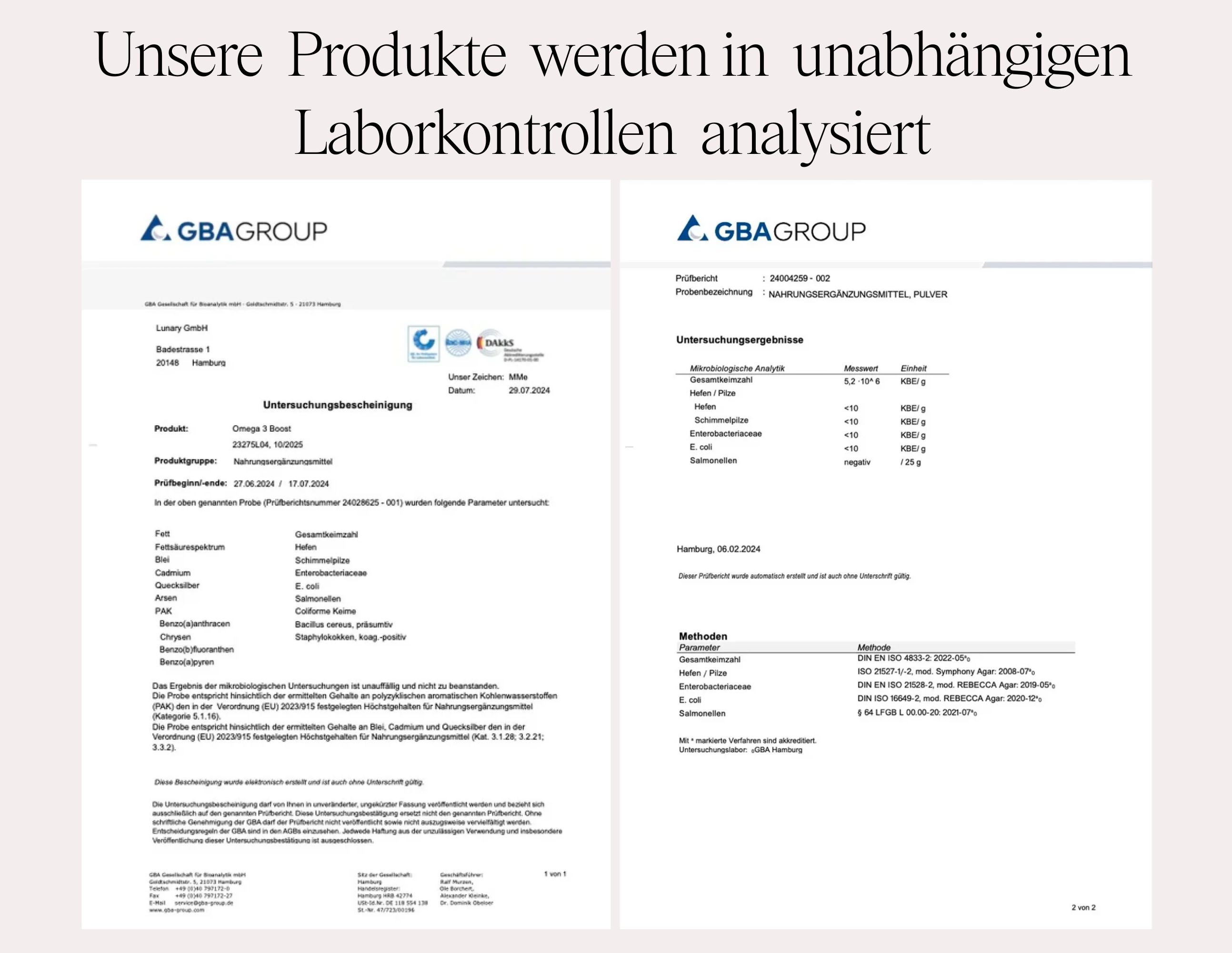 Laborbericht. Textdokument mit Tabellen und Informationen zu Produktanalysen.