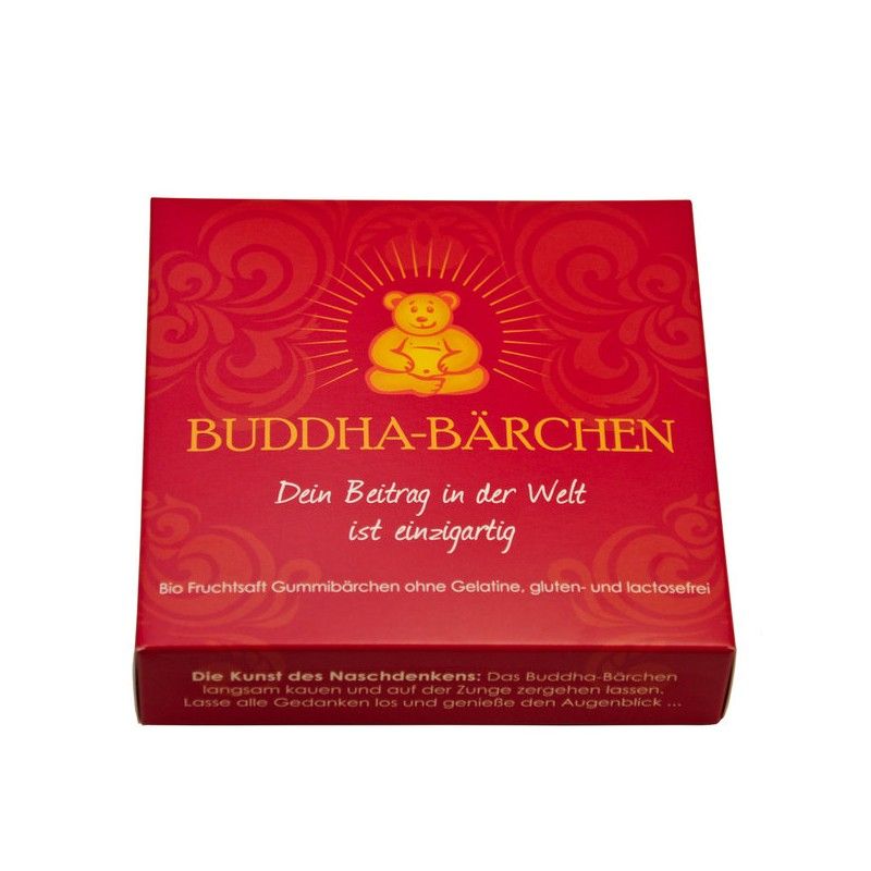 Rote Verpackung mit Text und Logo. Schriftzug: Buddha-Bärchen. Text: Dein Beitrag in der Welt ist einzigartig.