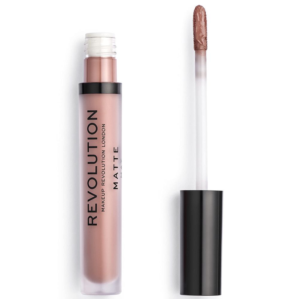 Lipgloss-Tube mit geöffnetem Applikator. Der Applikator zeigt eine cremefarbene Textur. Auf dem Tube steht "REVOLUTION LONDON MATTE".