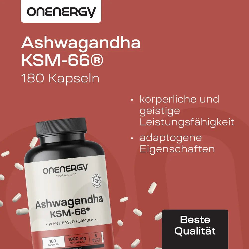 Flasche Ashwagandha KSM-66, 180 Kapseln. Text: Körperliche und geistige Leistungsfähigkeit, adaptogene Eigenschaften. Beste Qualität.