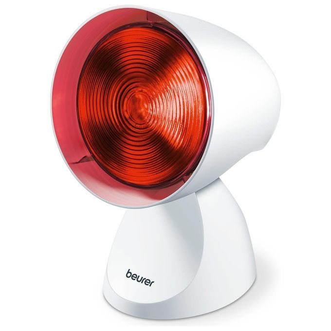 Infrarotlampe, weiß, mit rotem Leuchtkörper. Marke: beurer. Auf weißem Sockel, schwenkbar.
