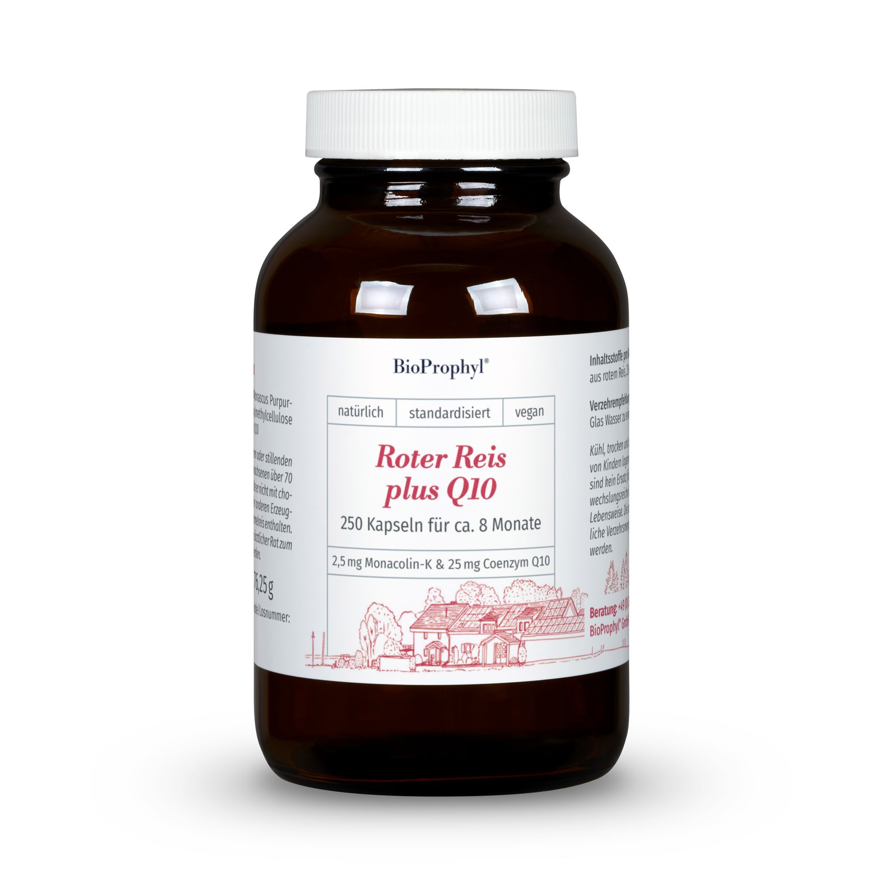 Braune Glasflasche mit weißem Deckel und Etikett. Aufschrift: Roter Reis plus Q10, 250 Kapseln. Marke: BioProphyl.