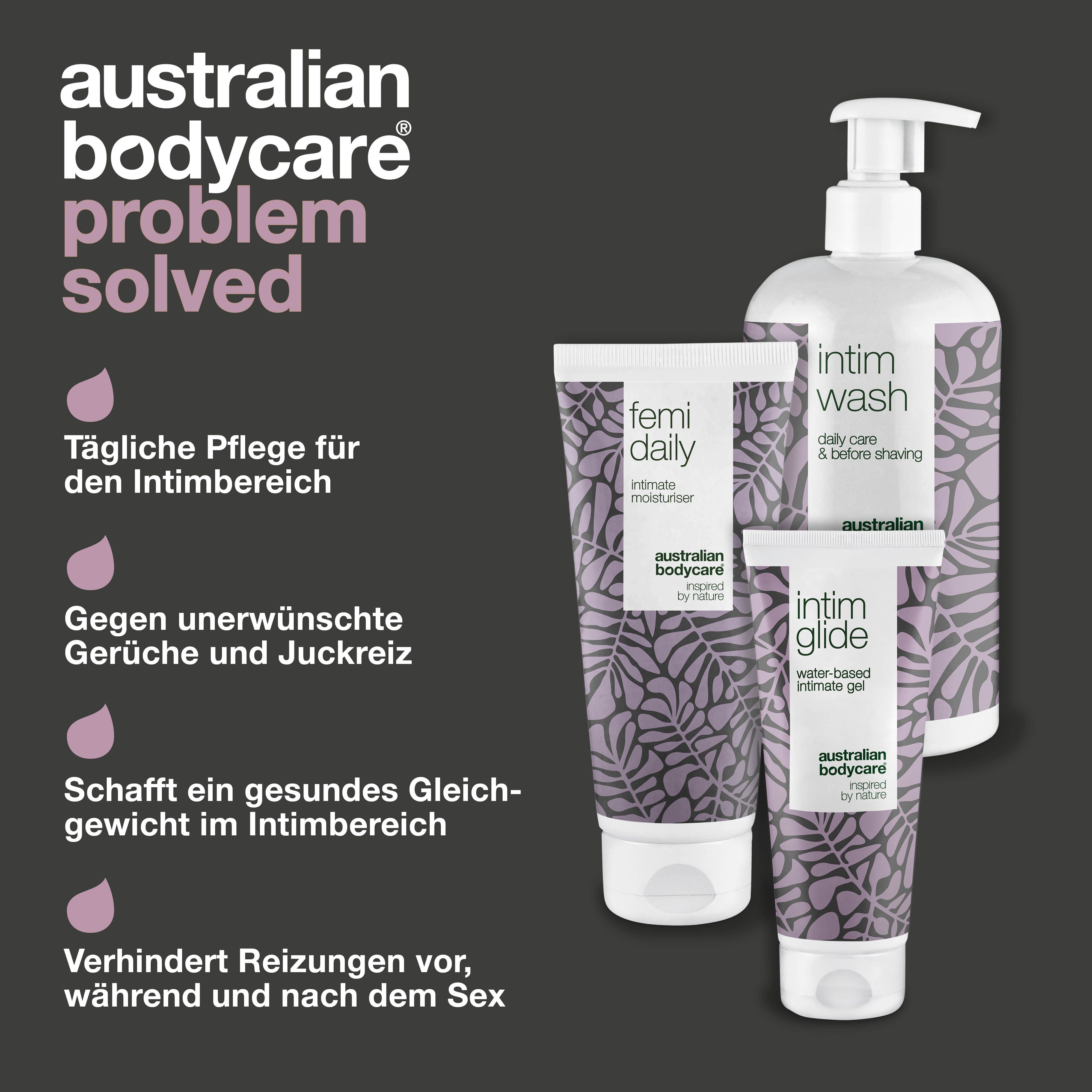 Produkt-Set: Intim Wash, Femi Daily, Intim Glide. Text: Tägliche Pflege, gegen Gerüche, gesundes Gleichgewicht.