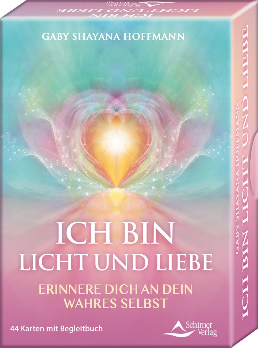 Kartenbox mit Titel „Ich bin Licht und Liebe“. Autor: Gaby Shayana Hoffmann. Enthält 44 Karten mit Begleitbuch. Verlag: Schirmer Verlag.