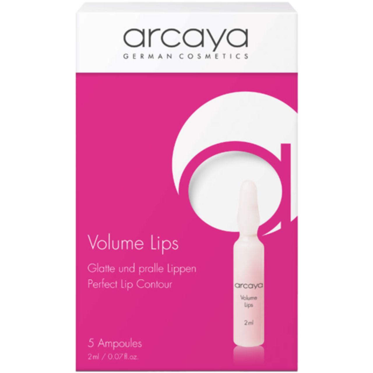Verpackung mit 5 Ampullen. Produktname: Volume Lips. Text: Glatte und pralle Lippen, Perfect Lip Contour. Marke: Arcaya.