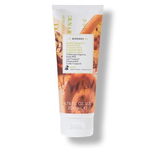 KORRES Körpermilch, Bergamotte-Birne. Tube mit Produktabbildung und Text. 200 ml.