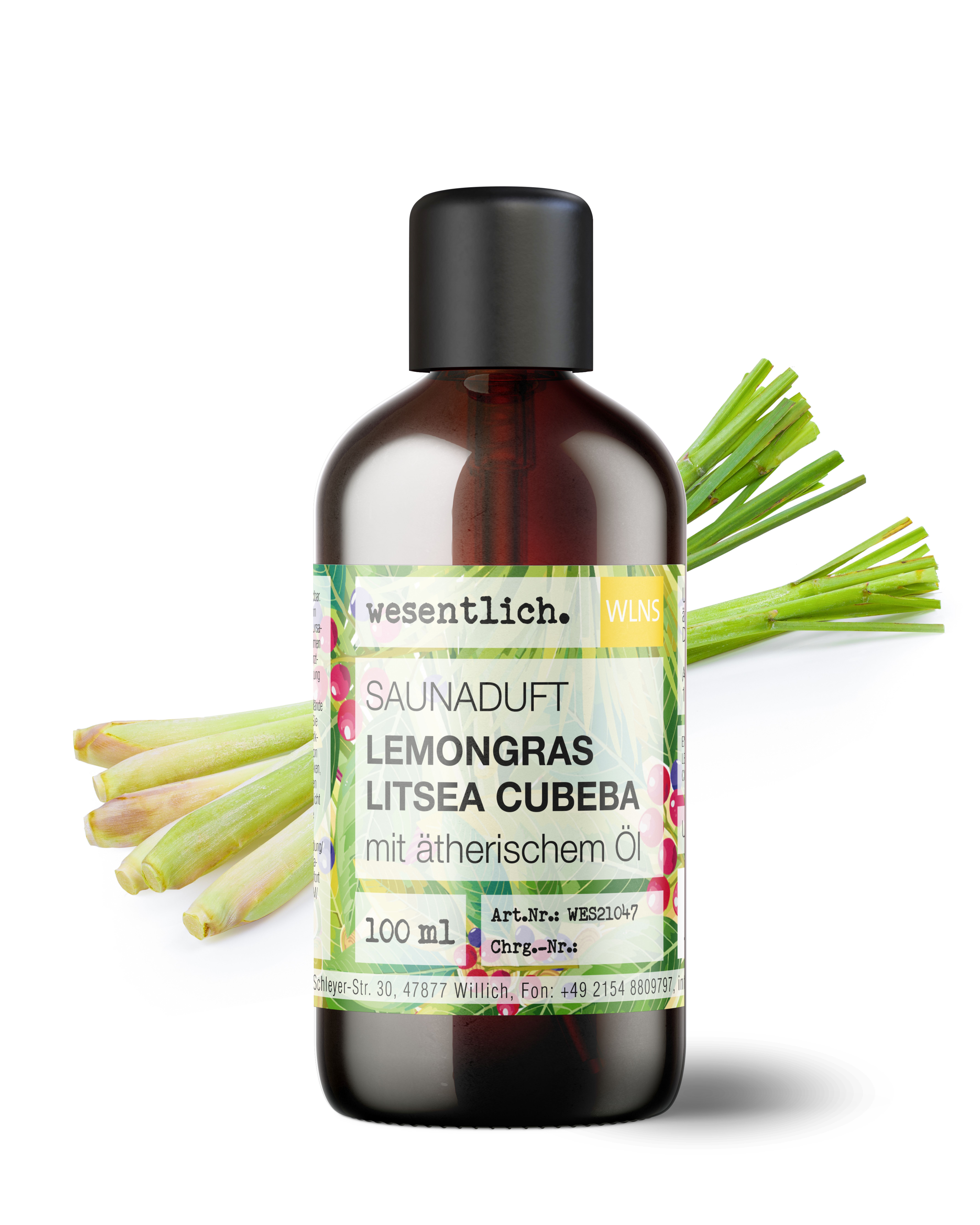 Braune Glasflasche mit schwarzem Deckel. Etikett mit Produktnamen und Lemongras-Abbildung. Saunaduft Lemongras-Litsea Cubeba.