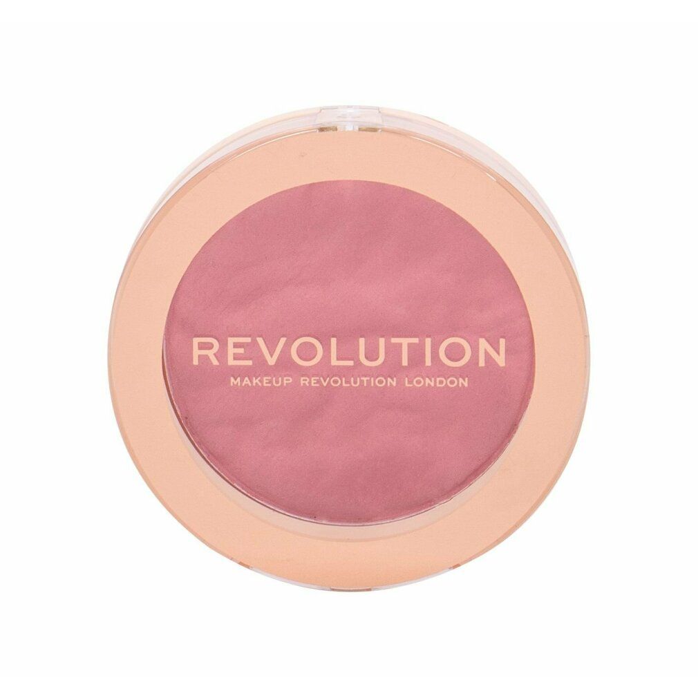 Runder Blush-Kompaktpuder. Rosa Puder in beigem Behälter mit transparentem Deckel. Schriftzug: REVOLUTION MAKEUP REVOLUTION LONDON.