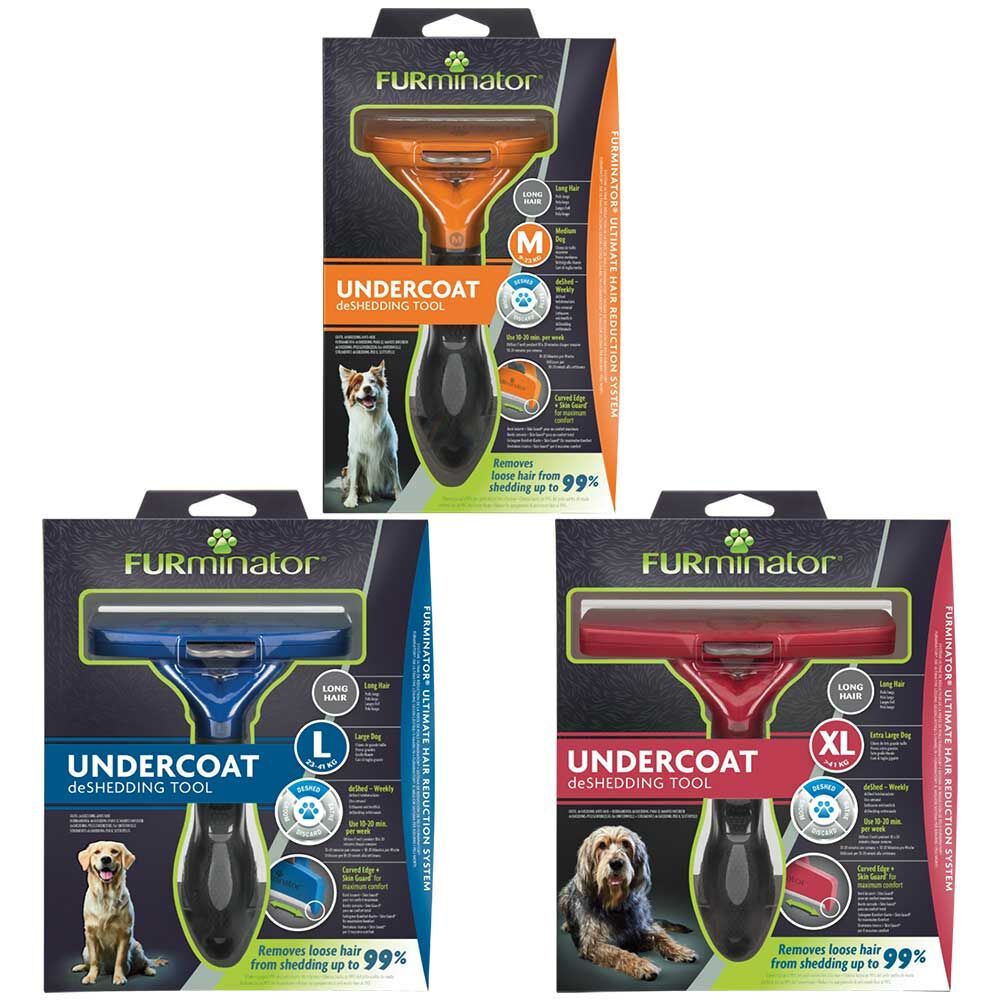 Drei FURminator-Verpackungen. Orange, blau und rot. Untercoat deShedding Tool. Größen M, L, XL. Hundeabbildungen.