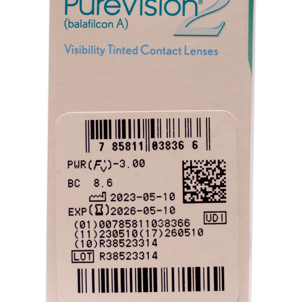 Etikett mit Produktinformationen für PureVision 2 Kontaktlinsen. Enthält Angaben zu Stärke, Basiskurve, Verfallsdatum und Chargennummer.