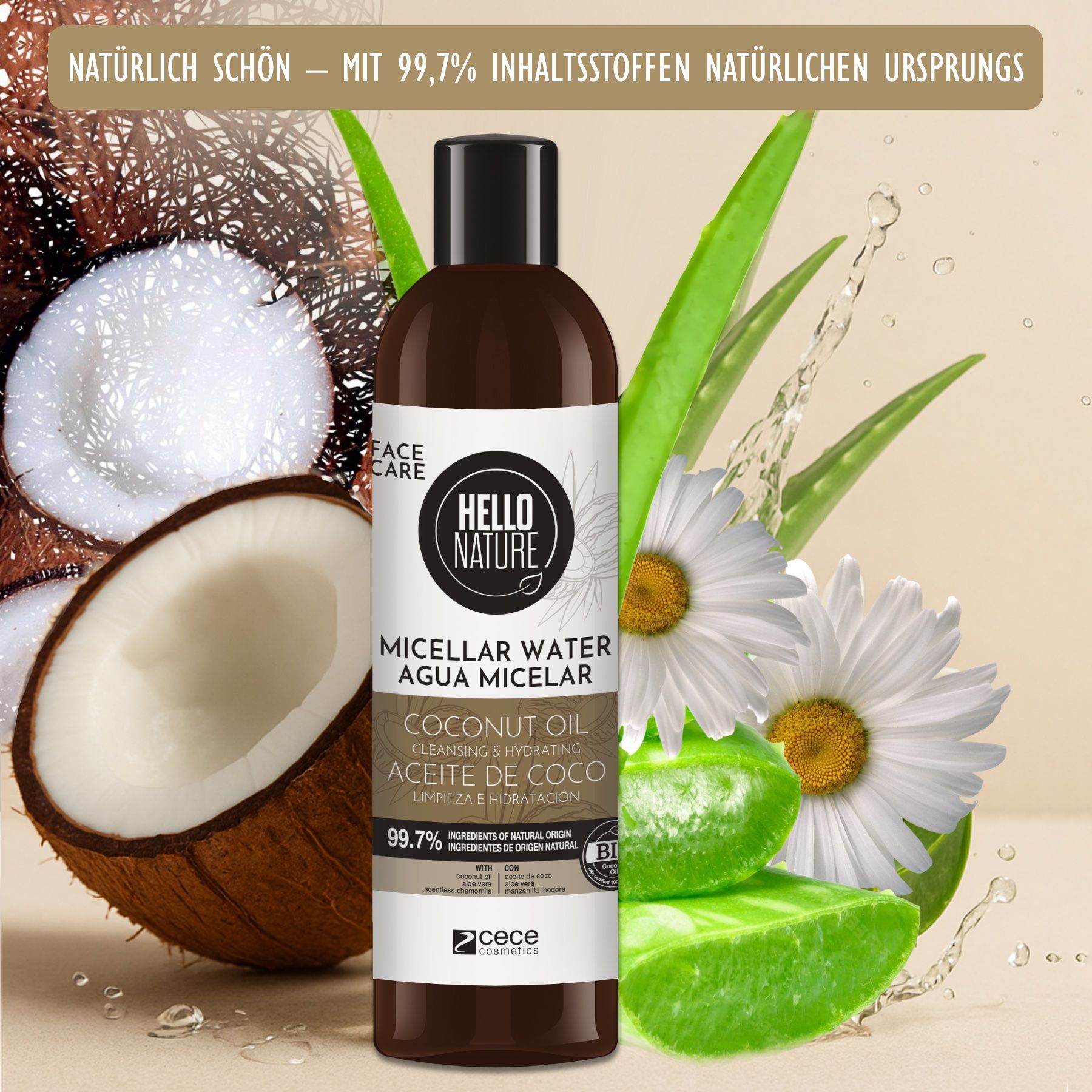 Flasche Mizellenwasser mit Kokosöl. Logo Hello Nature. Kokosnuss, Aloe Vera, Kamille.