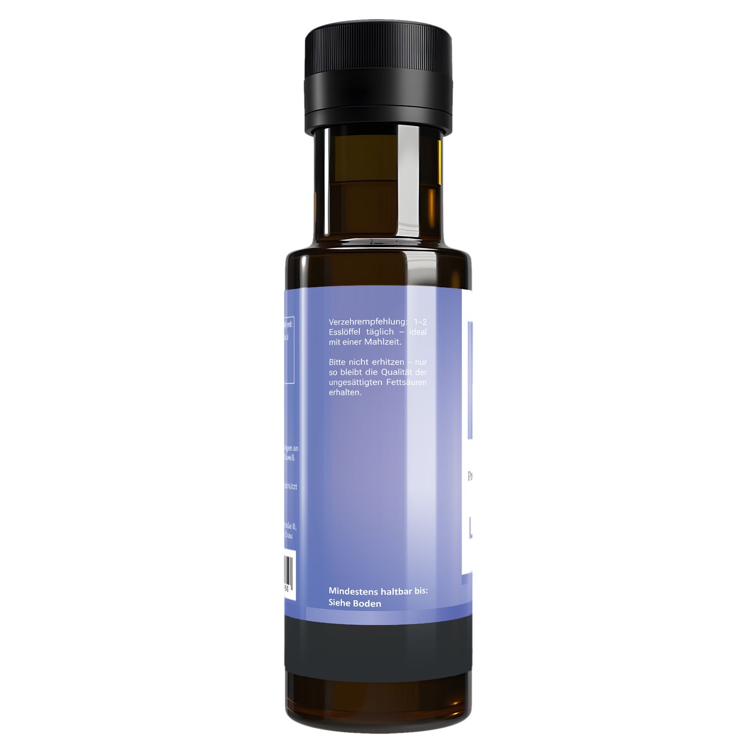 Braune Glasflasche mit schwarzem Deckel. Rückseite mit Text. Mindesthaltbarkeitsdatum.