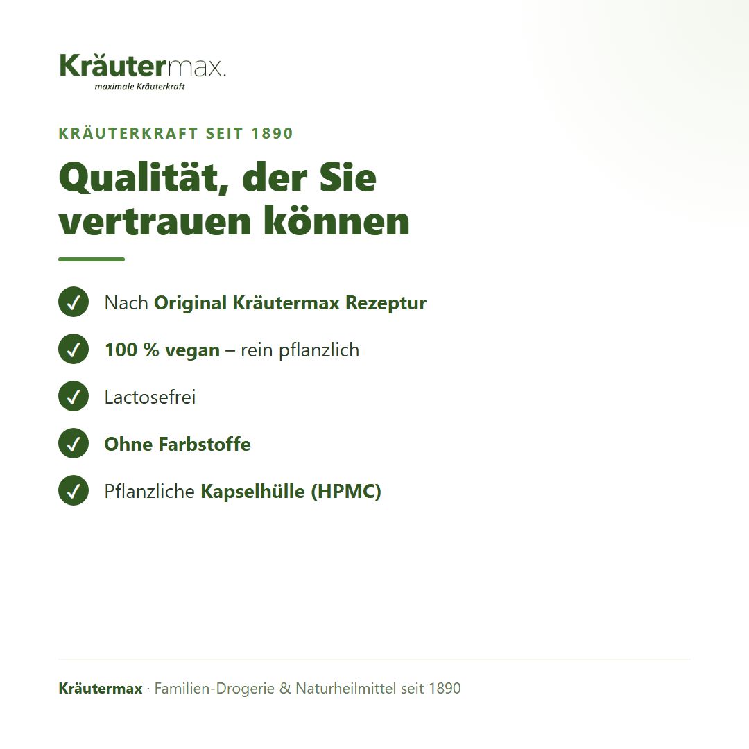 Liste mit Qualitätsmerkmalen: Nach Originalrezeptur, 100% vegan, laktosefrei, ohne Farbstoffe, pflanzliche Kapselhülle.