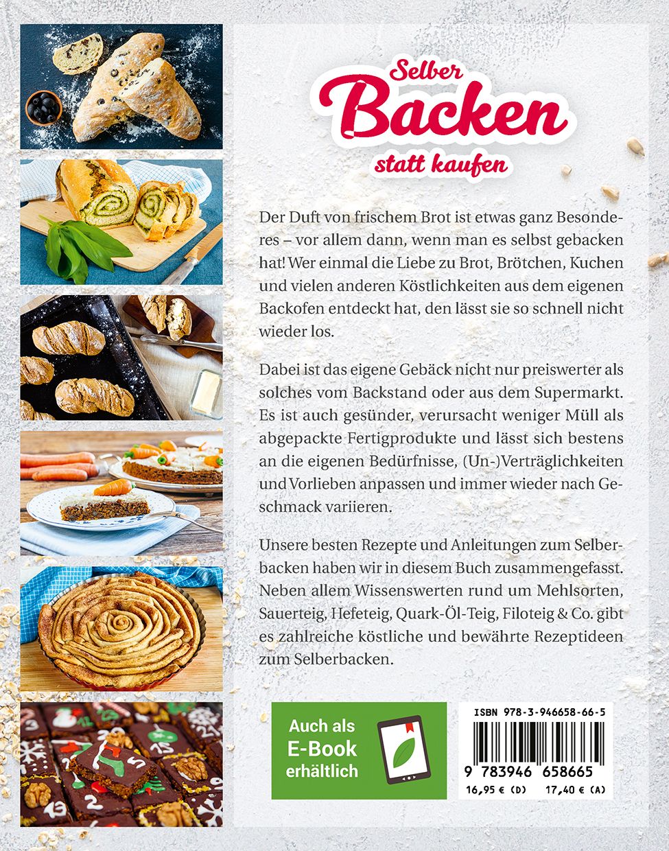Buchrückseite mit Text und Bildern von Backwaren. Titel: Selber Backen statt kaufen. Logo: smarticular. ISBN und Preisangaben.