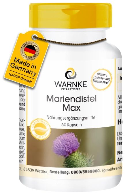 Weißes Pillenfläschchen mit gelbem Deckel und Etikett. Aufschrift: Mariendistel Max, 60 Kapseln. Label: Made in Germany.