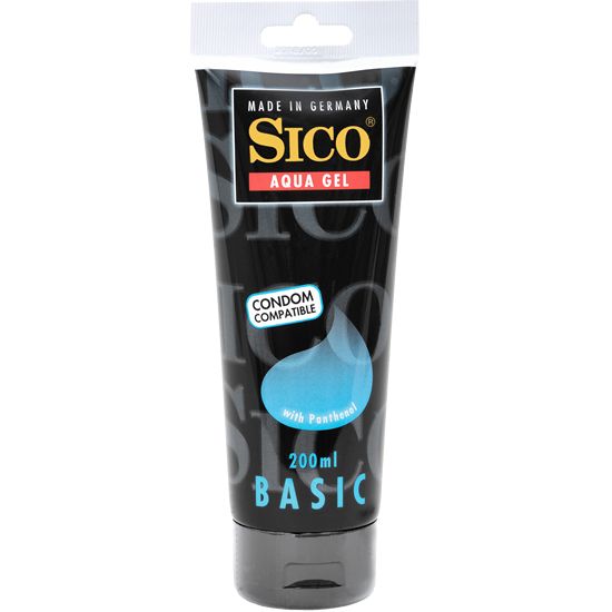 Schwarze Tube mit "Sico Aqua Gel Basic". Text: "Condom Compatible", "with Panthenol", "200ml". Hergestellt in Deutschland.
