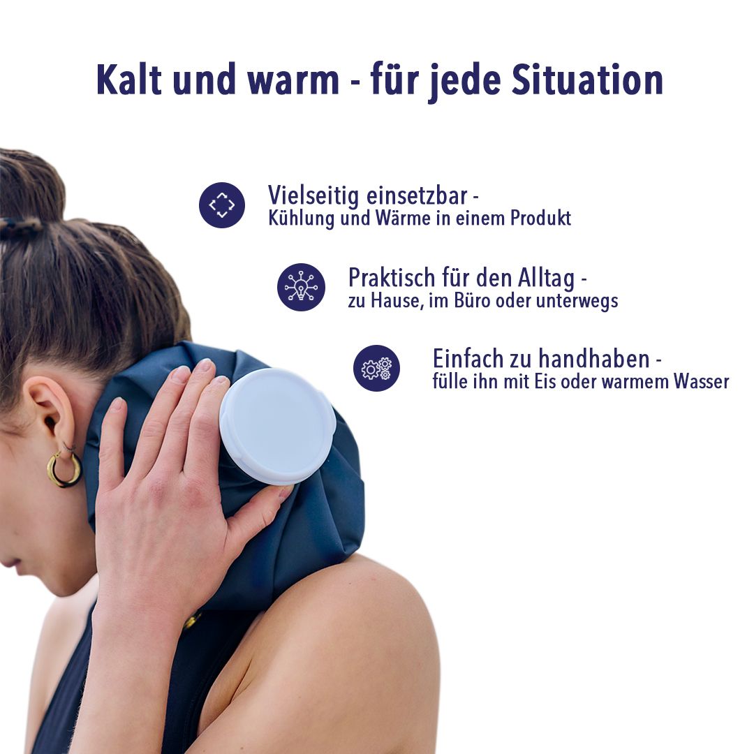 Frau mit Wärmflasche am Nacken. Text: Kalt und warm - für jede Situation.