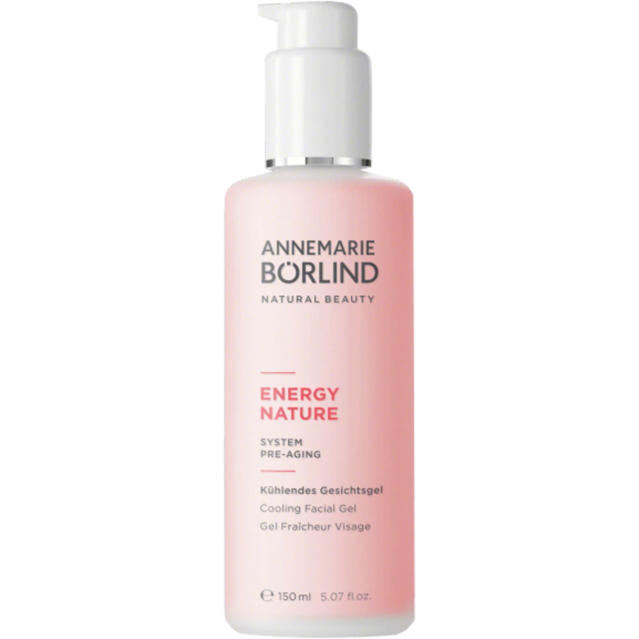 ANNEMARIE BÖRLIND ENERGY NATURE Kühlendes Gesichtsgel. Rosa Flasche mit Pumpe. Weißer Deckel. Text und Logo.