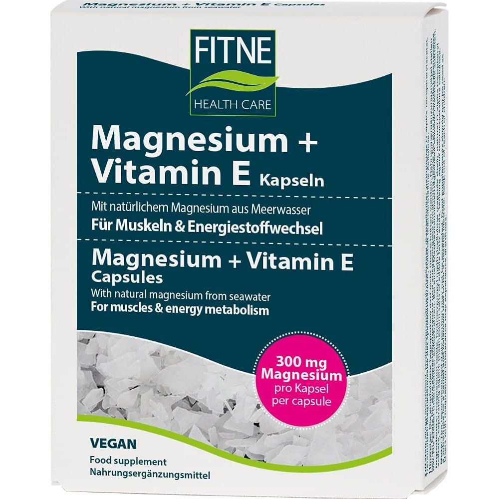 Verpackung von Fitne Magnesium + Vitamin E Kapseln. Enthält 300 mg Magnesium pro Kapsel. Vegan. Nahrungsergänzungsmittel.
